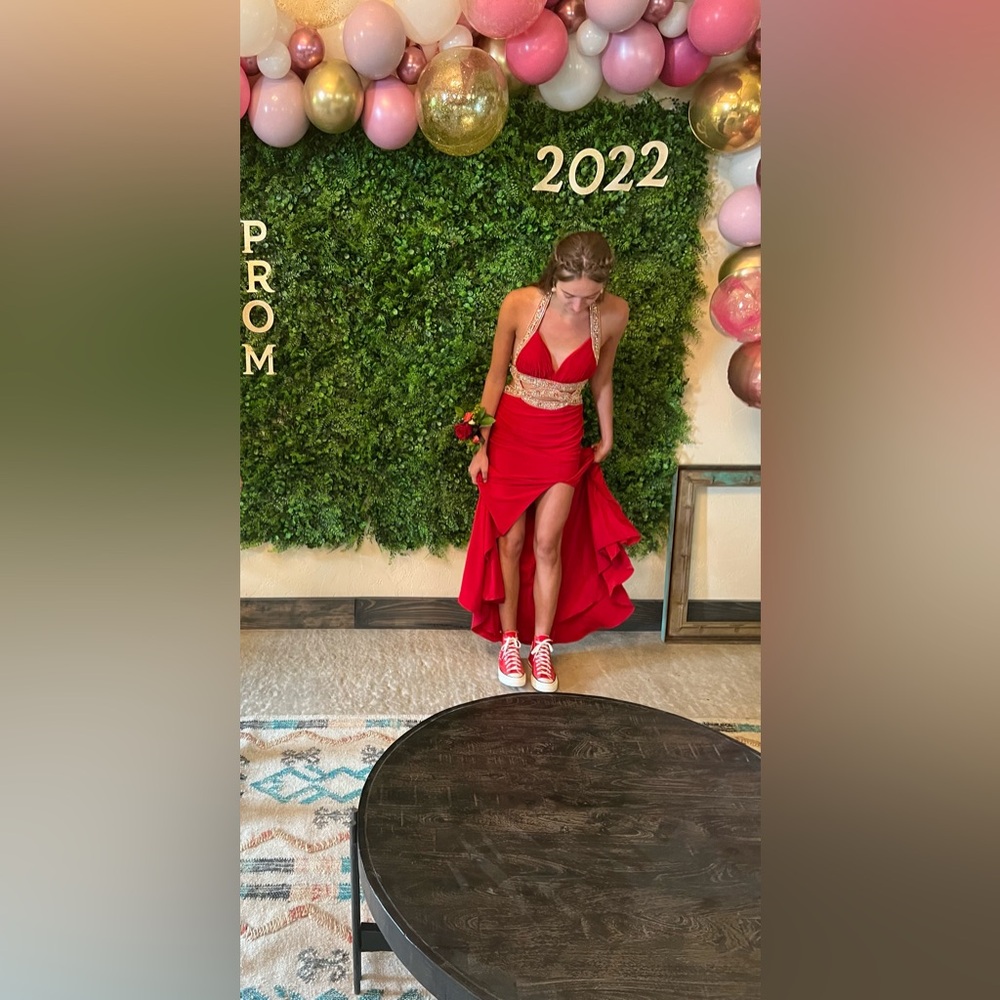 red beaded boho prom dress, size 6
